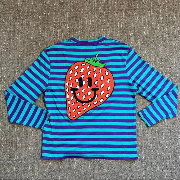 Guess x Chinatown Market Striped Long Sleeve Shirt Strawberry Purple Teal XL - Picture 5 of 7